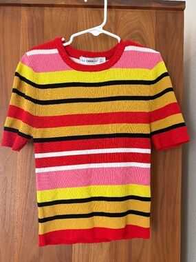 Zara Knit Multicolor Stripe Ribbed Short Sleeve Sweater / Crop Top Small